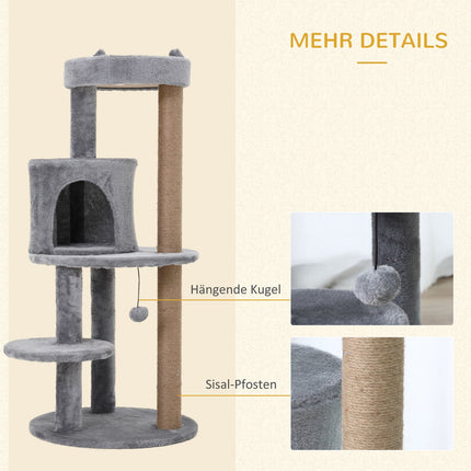 4-level cat tree, plush cave, sisal scratching posts, play balls