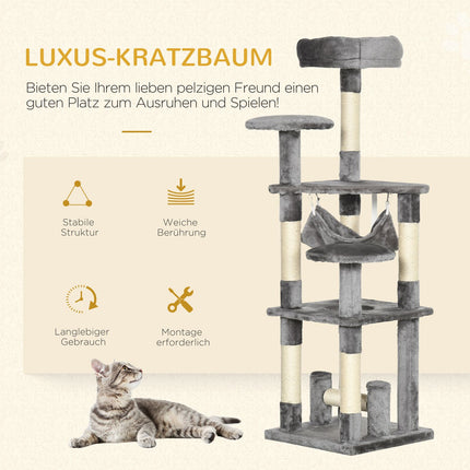 Gray cat tree with scratching post, climbing tower and hammock