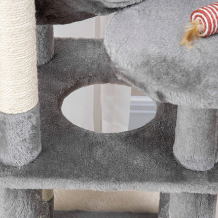 Gray cat tree with scratching post, climbing tower and hammock