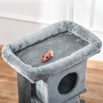 Cat tree with jute scratching mat and play functions, light grey