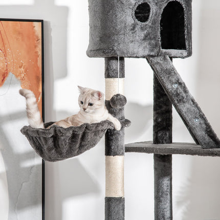 Adjustable cat tree at ceiling height with scratching post