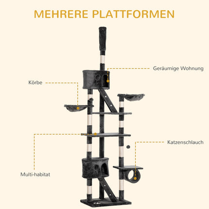 Adjustable cat tree at ceiling height with scratching post