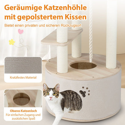 Cat Tree Tower, 141cm, Wood, with Cat Cave & Hammock