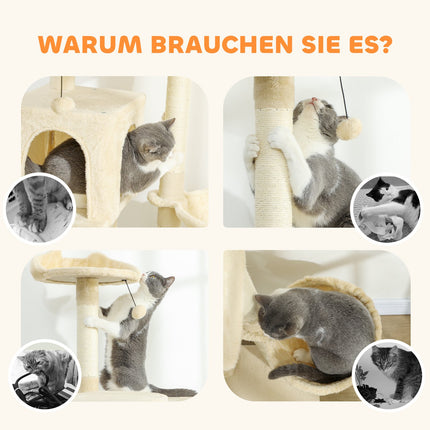 Cat Tree Tower with Hammock, Ladder, Cave, 140 cm, Beige