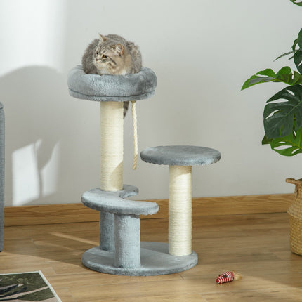 Gray 3-story cat tree with hammock and sisal columns