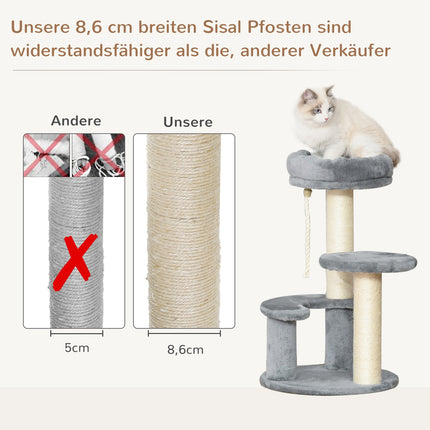 Gray 3-story cat tree with hammock and sisal columns