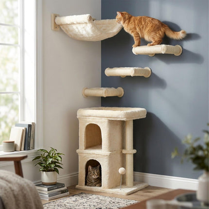 Cat Tree with 2 Caves & Bed, Beige, 71 cm
