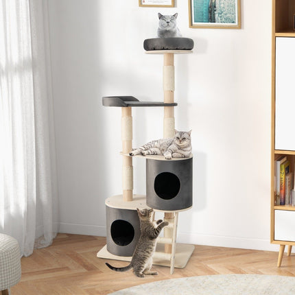Cat Tree with 2 Caves, Plush Perch & Platform, 161 cm