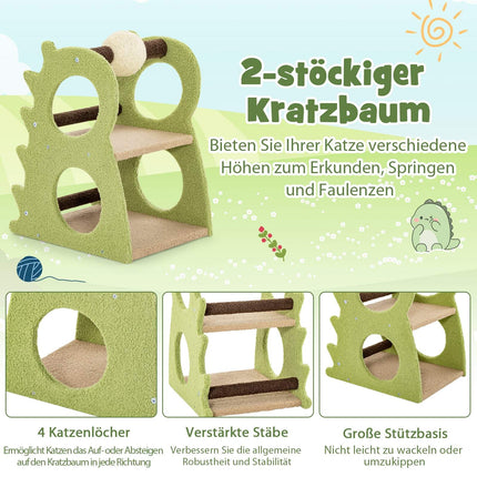 Cat Tree with 2 Levels, Dinosaur Shape, Green, 48x37x58 cm