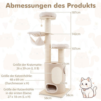 Cat Tree with 2-Story Condo, Hammocks, 58x58x187 cm