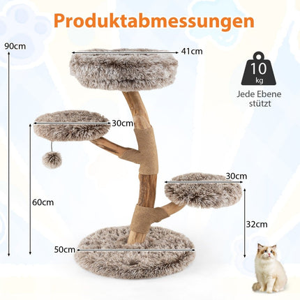 Cat Tree with 4 Plush Levels, Birch Wood, Jute Posts