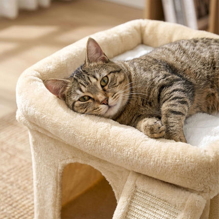 Cat Tree with Cave & Bed, Beige – Sisal & Plush