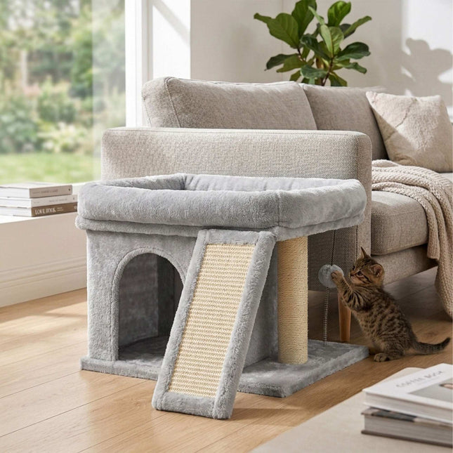 Krabpaal met mand en bed, lichtgrijs, 38,5 x 54 x 45 cm