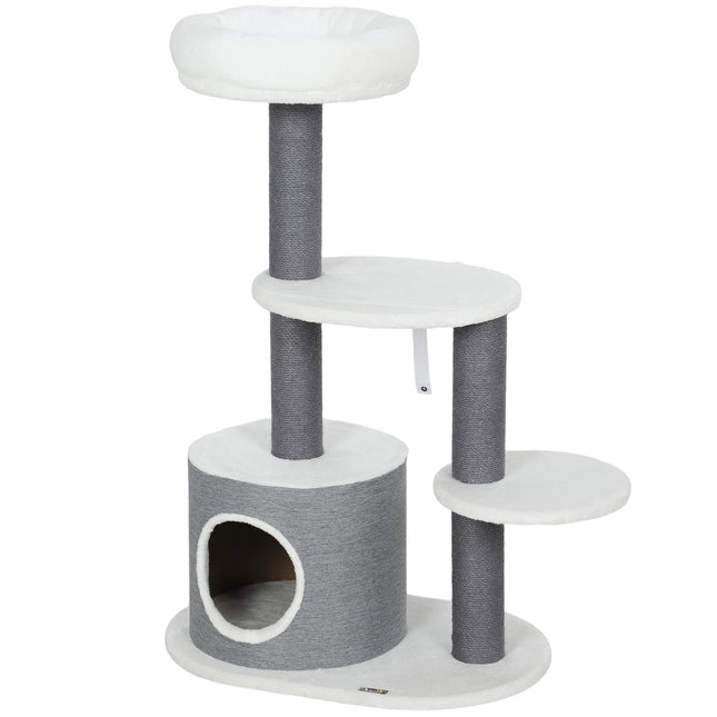 Kattenboom met hol, bed, platforms, jute palen, wit/grijs