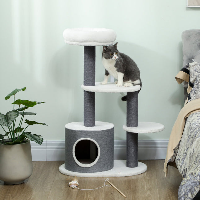 Kattenboom met hol, bed, platforms, jute palen, wit/grijs