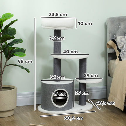 Cat Tree with Cave, Bed, Platforms, Jute Posts, White/Grey
