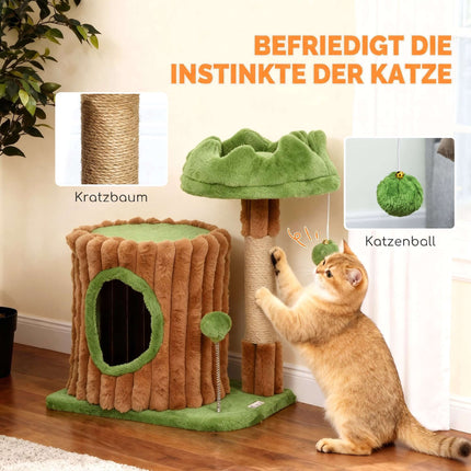 Cat Tree with Cave, Jute Posts, 2 Balls, Brown/Green
