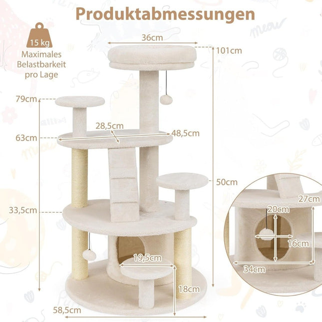 Cat Tree with Cave, Ladder & Toys – Beige, Multi-Level
