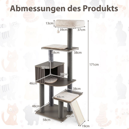Cat Tree with Cave & Sisal Scratch Board, 171 cm, Gray