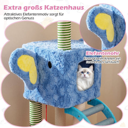 Cat Tree with Elephant Theme, 2 Caves, Padded Perch, Scratching Posts