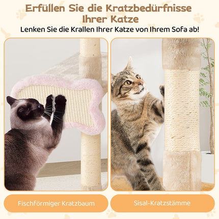 Cat Tree with Fish-Shaped Scratcher, Sisal Posts, Plush Cave
