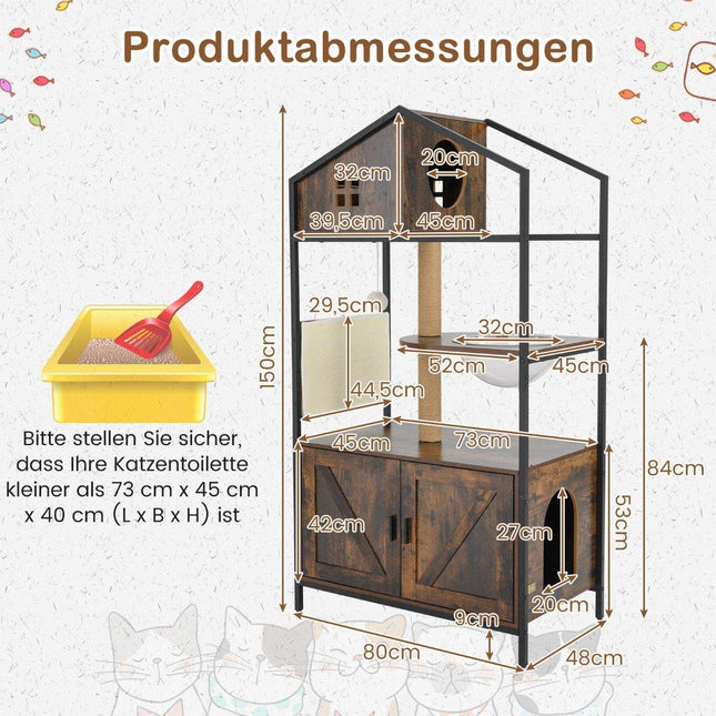 Cat Tree with Hidden Litter Box Cabinet, Brown, Multi-Functional