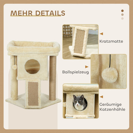 Cat Tree with Jute Scratching Mat, Bed, Toy Ball, Beige