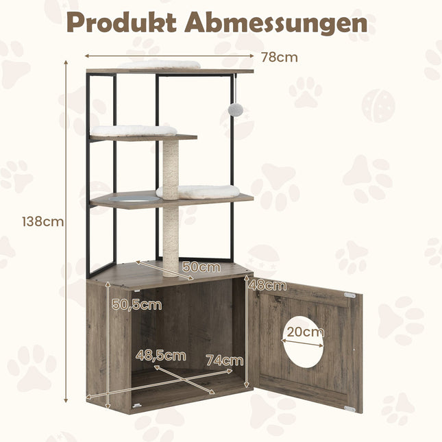 Cat Tree with Litter Box Cabinet, Scratch Posts, Cushions