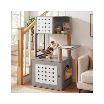 Cat Tree with Litter Box Cabinet and Feeding Station, 117.5 cm, Grey