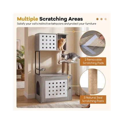 Cat Tree with Litter Box Cabinet and Feeding Station, 117.5 cm, Grey