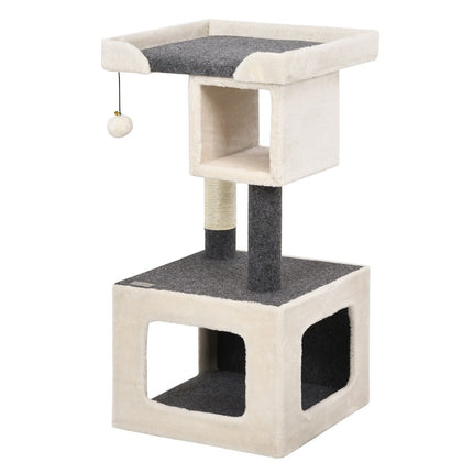 Cat Tree with Sisal, 2 Levels, White/Grey, 42x42x80cm