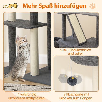 Cat Tree with Sisal Posts, Ladder & 2 Caves, 180 cm Gray