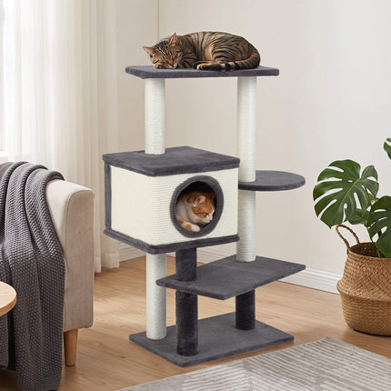 Cat Tree with Sisal Posts & Plush House, 99 cm, Grey