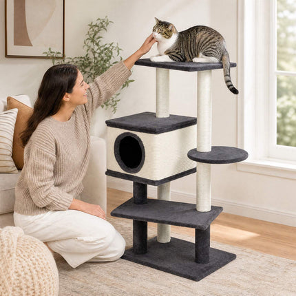 Cat Tree with Sisal Posts & Plush House, 99 cm, Grey