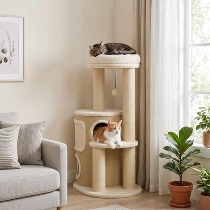 Cat Tree with Sisal Posts and Double Hideaway, Beige