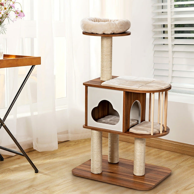 Cat Tree with Washable Cushions, Wooden, 3 Levels