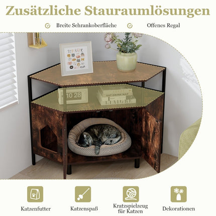 Cat cabinet cat toilet cat litter box cabinet for corner cat house with 2 doors rustic brown