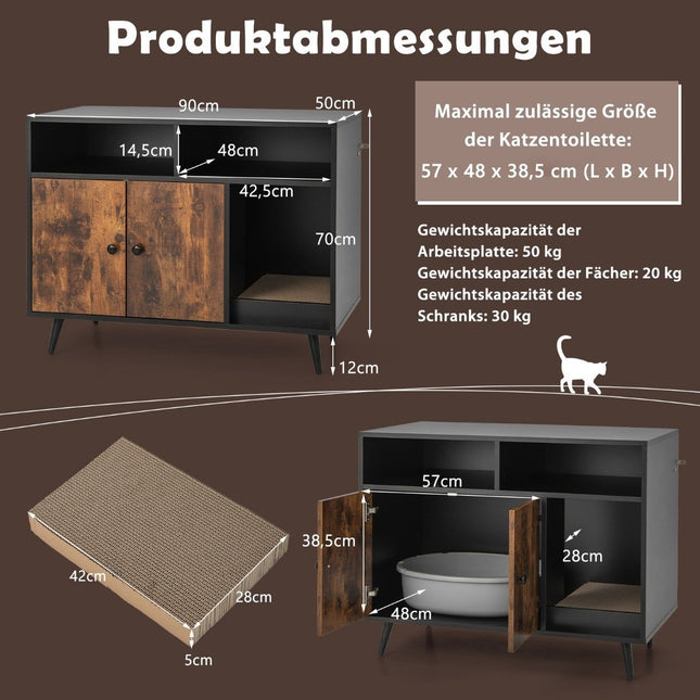 Kattenkast met krabpaal en schuine metalen poten 90 x 50 x 70 cm