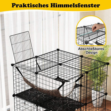 Cat cage 3-story large cat enclosure with hammock 2 ladders 3 doors & skylight 74 x 74 x 107 cm