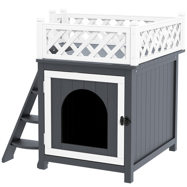 Gray spruce Wood Cat House with balcony and stairs, indoor/outdoor