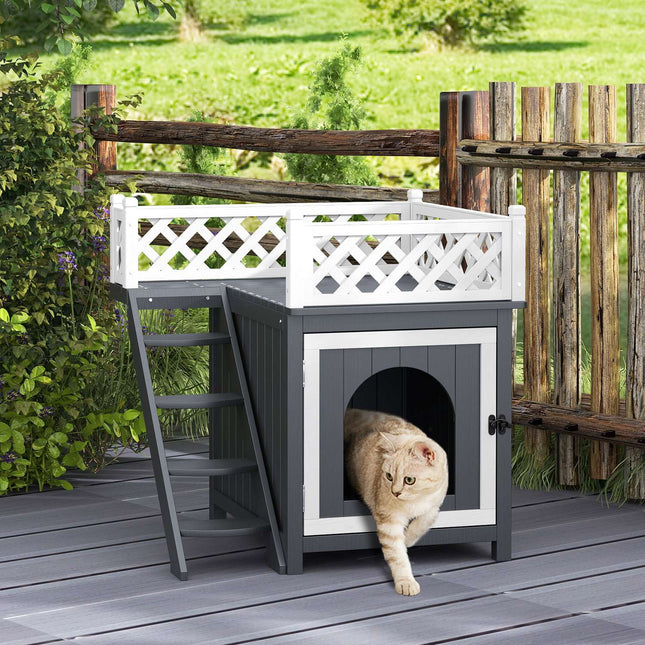 Gray spruce Wood Cat House with balcony and stairs, indoor/outdoor