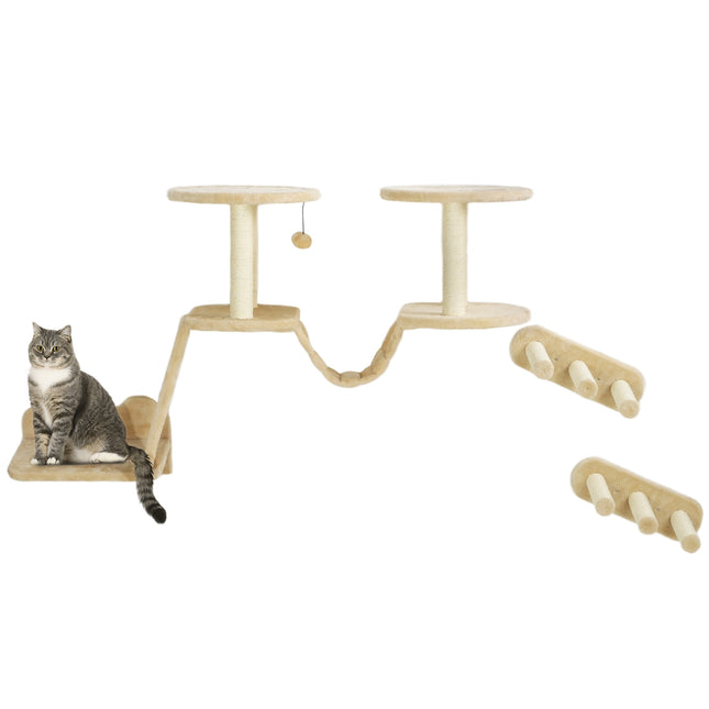 Cat climbing wall set with scratching post, sisal, beige