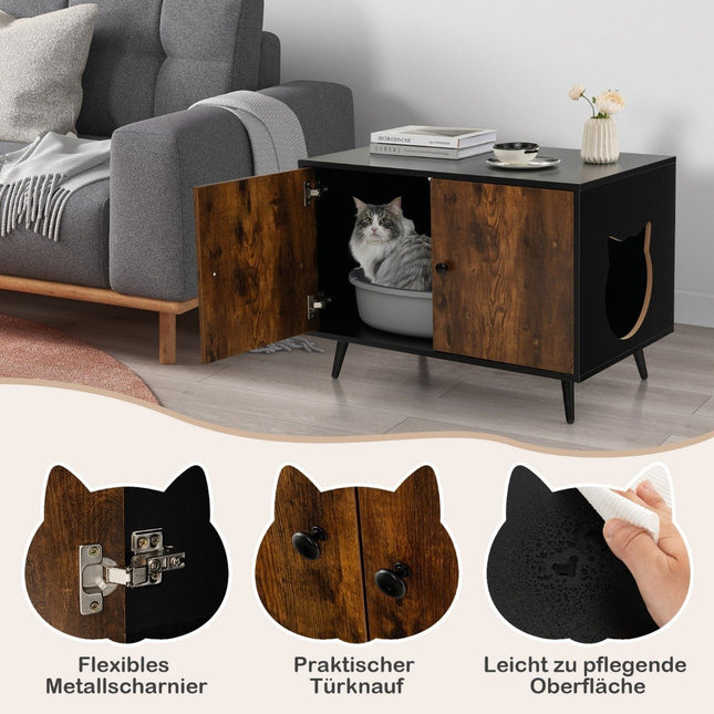 Cat cupboard cat toilet cat house with double doors & entrance 80 x 50 x 57 cm black + natural