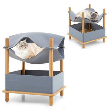 Cat house 2 levels bamboo raised cat bed with storage space 40 x 40 x 53 cm natural + gray