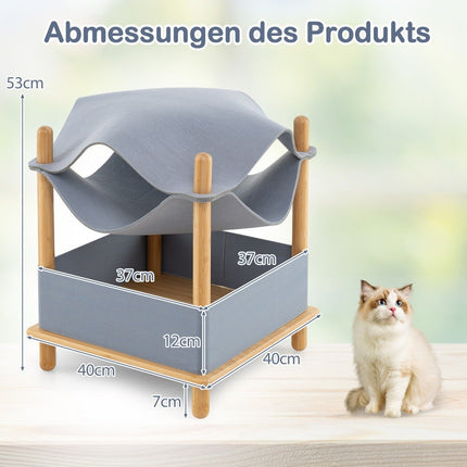 Cat house 2 levels bamboo raised cat bed with storage space 40 x 40 x 53 cm natural + gray
