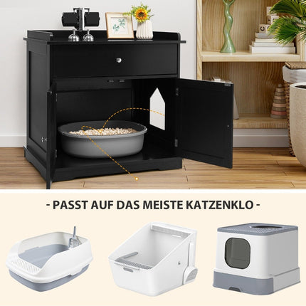 Cat house with drawer and 2 doors 3-in-1 cat house cat litter box side table black