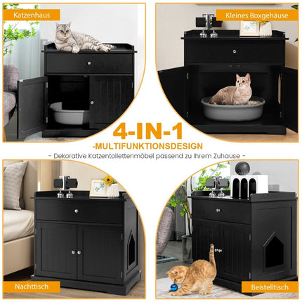 Cat house with drawer and 2 doors 3-in-1 cat house cat litter box side table black