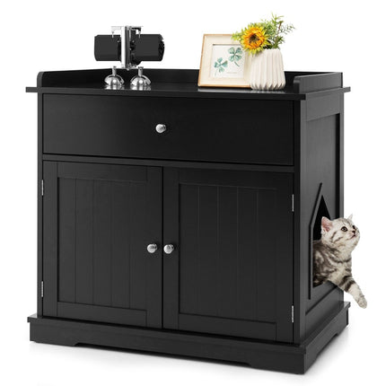 Cat house with drawer and 2 doors 3-in-1 cat house cat litter box side table black