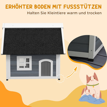 Wooden cat house, weatherproof, hinged roof, gray