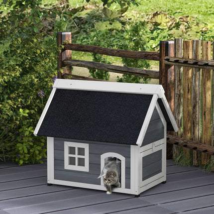 Wooden cat house, weatherproof, hinged roof, gray